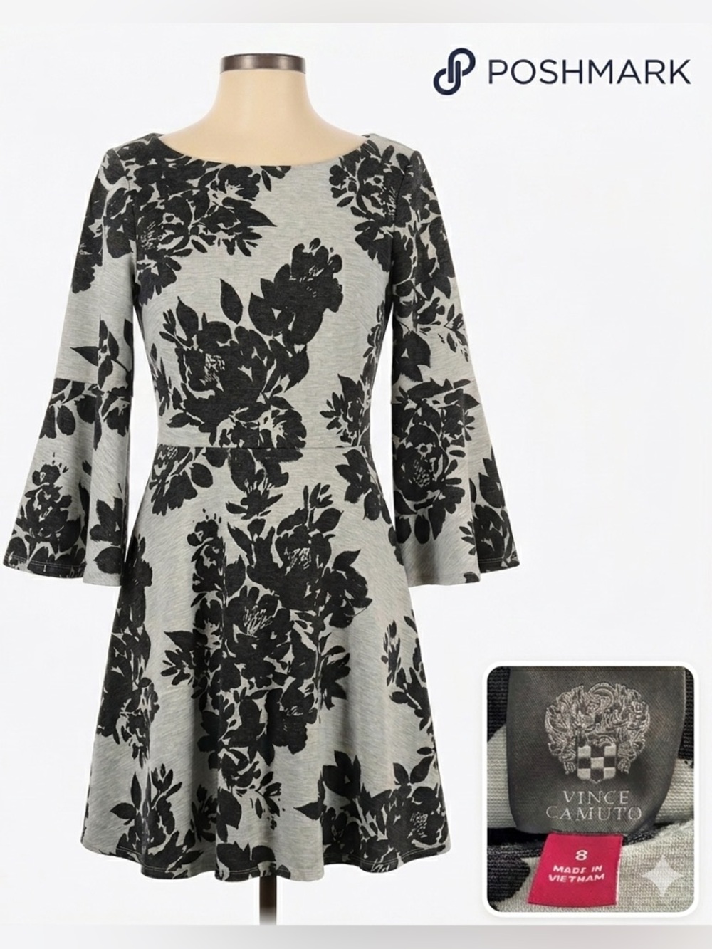 Vince Camuto Floral Fit & Flare Dress Bell Sleeves 8